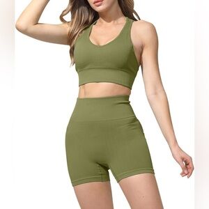Qinsen Women's Workout 2 Piece SetBack Crisscross Backless Elastic Waist
